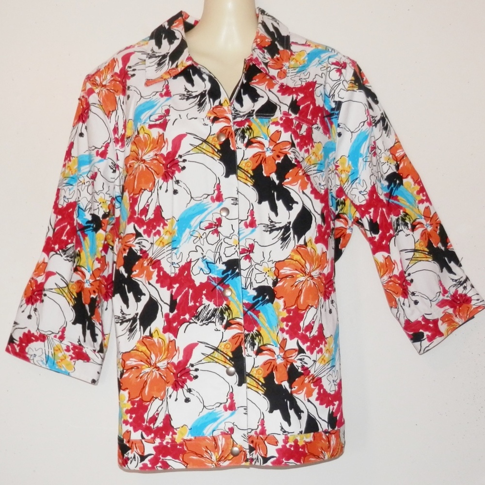 CJ Banks 1X Floral Stretch Jacket 3/4 Sleeve E564